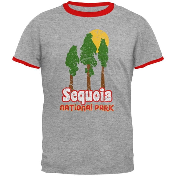 National Park Retro 70s Landscape Sequoia Mens Ringer T Shirt Heather-Red MD