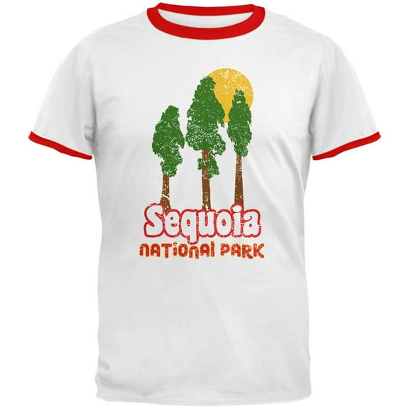 National Park Retro 70s Landscape Sequoia Mens Ringer T Shirt White-Red X-LG