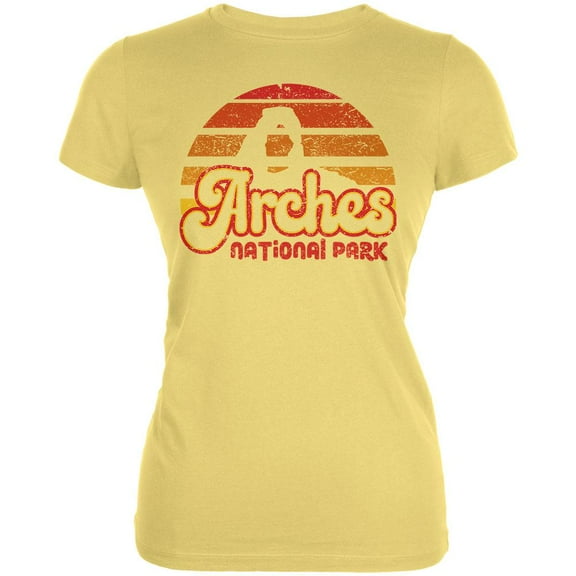 National Park Retro 70s Sunset Arches Juniors Soft T Shirt Yellow MD