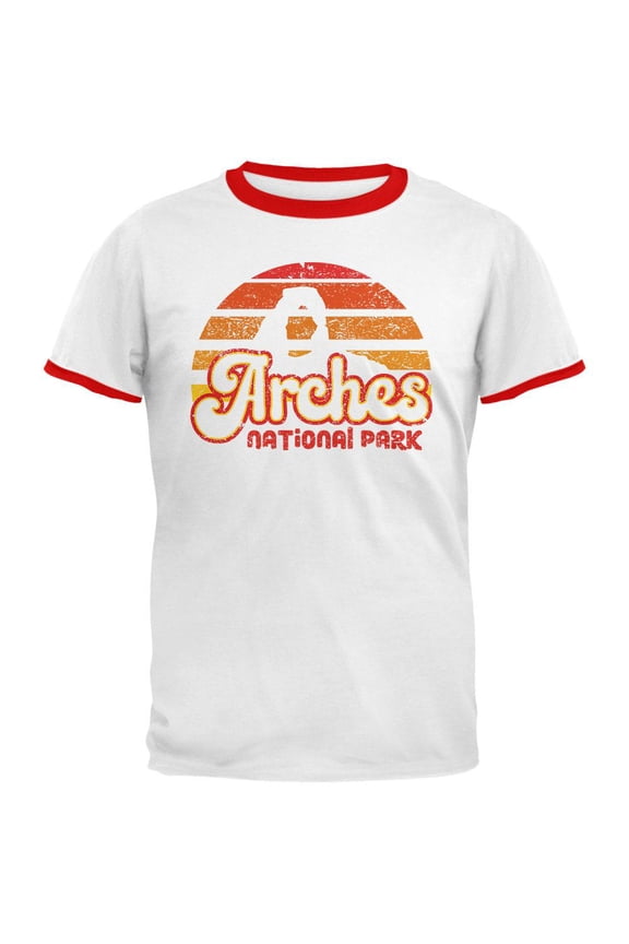 National Park Retro 70s Sunset Arches Mens Ringer T Shirt White-Red SM
