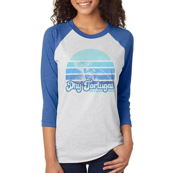 National Park Retro 70s Sunset Dry Tortugas Unisex Raglan T Shirt White-Royal X-SM