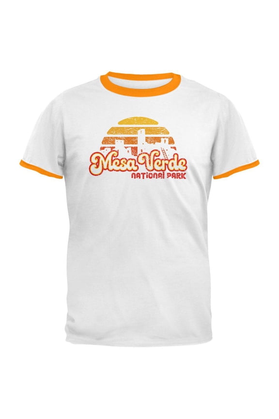 National Park Retro 70s Sunset Mesa Verde Mens Ringer T Shirt White-Gold SM