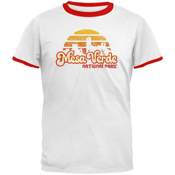 National Park Retro 70s Sunset Mesa Verde Mens Ringer T Shirt White-Red MD