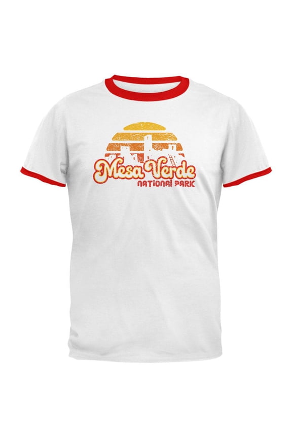 National Park Retro 70s Sunset Mesa Verde Mens Ringer T Shirt White-Red SM
