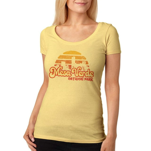 National Park Retro 70s Sunset Mesa Verde Womens Soft Scoop T Shirt Yellow Haze MD