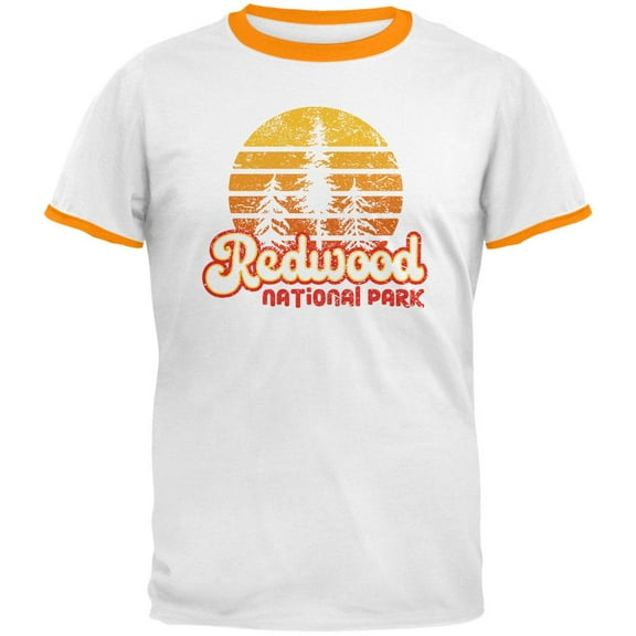National Park Retro 70s Sunset Redwood Mens Ringer T Shirt White-Gold SM