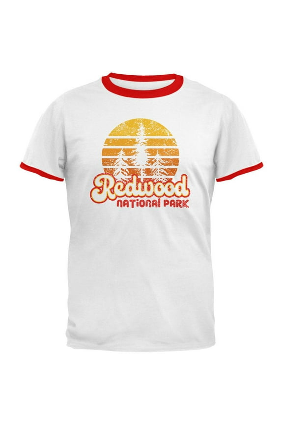 National Park Retro 70s Sunset Redwood Mens Ringer T Shirt White-Red LG