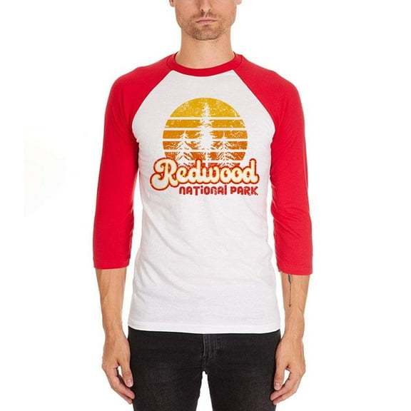 National Park Retro 70s Sunset Redwood Mens Soft Raglan T Shirt White-Red X-LG