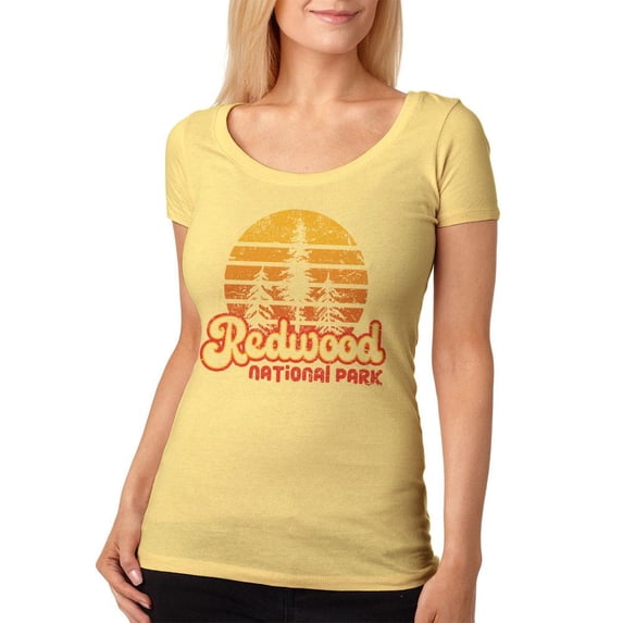National Park Retro 70s Sunset Redwood Womens Soft Scoop T Shirt Yellow Haze X-LG