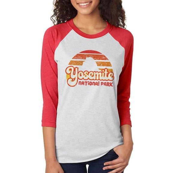 National Park Retro 70s Sunset Yosemite Unisex Raglan T Shirt White-Red SM