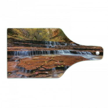 National Parks Cutting Board, Wide Angle Shot of the Waterfalls Stream West Canyon Falls in the Autumn Season, Tempered Glass Cutting and Serving Board, Wine Bottle Shape, Brown, by Ambesonne