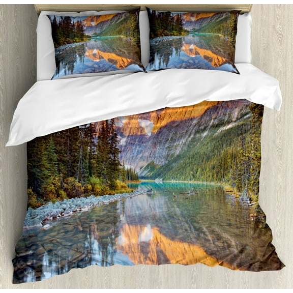 National Parks Duvet Cover Set Queen Size, Canadian Rocky Mountain Range on Edith Cavell Lake Pastoral Image Print, Decorative 3 Piece Bedding Set with 2 Pillow Shams, Multicolor, by Ambesonne