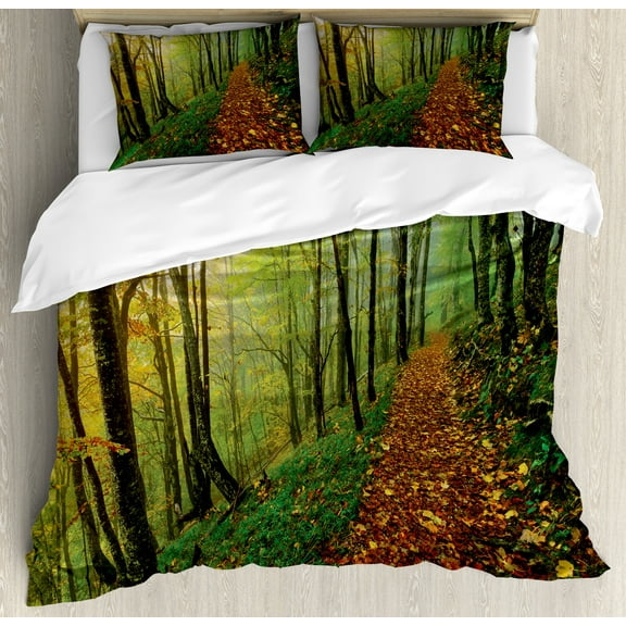 National Parks Duvet Cover Set, Surreal Foggy View Deep in the Forest Eco Path Full of Leaves Landscape, Decorative 3 Piece Bedding Set with 2 Pillow Shams, Calking Size, Green Yellow, by Ambesonne