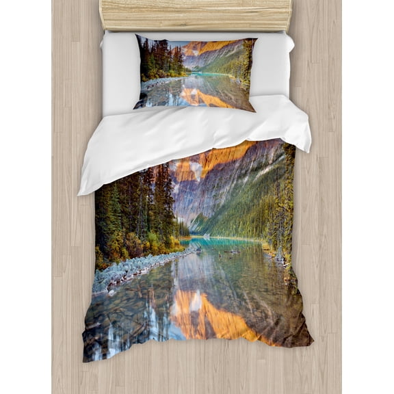 National Parks Duvet Cover Set Twin Size, Canadian Rocky Mountain Range on Edith Cavell Lake Pastoral Image Print, Decorative 2 Piece Bedding Set with 1 Pillow Sham, Multicolor, by Ambesonne