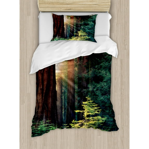National Parks Duvet Cover Set Twin Size, Morning Sunlight in Wilderness Yosemite Sierra Nevada United States Nature, Decorative 2 Piece Bedding Set with 1 Pillow Sham, Green Brown, by Ambesonne