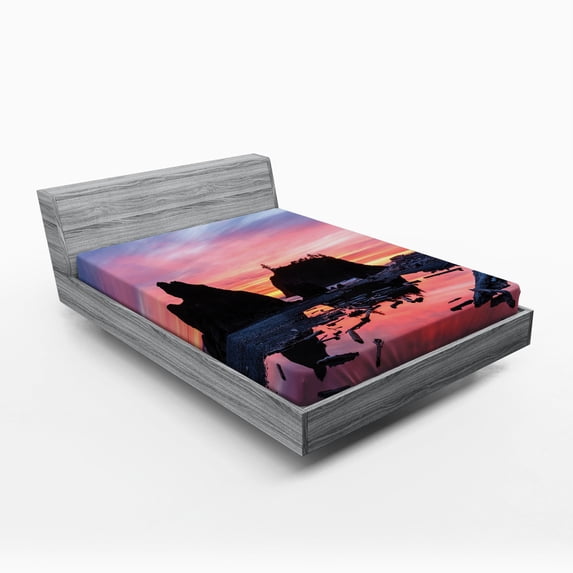 National Parks Fitted Sheet, Sunrise in Slow Moving Stream Pinky Soft Colored Misty Skyline Mystic Beach, Soft Decorative Fabric Bedding, Full Size, Multicolor, by Ambesonne