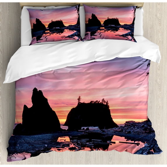 National Parks Home Decor Queen Size Duvet Cover Set, Sunrise in a Slow Moving Stream Pinky Soft Mist Skyline Mystic Beach, Decorative 3 Piece Bedding Set with 2 Pillow Shams, Multi, by Ambesonne