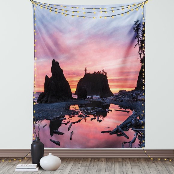 National Parks Home Decor Tapestry, Sunrise in a Slow Moving Stream Pinky Soft Mist Skyline Mystic Beach, Wall Hanging for Bedroom Living Room Dorm Decor, 60W X 80L Inches, Multi, by Ambesonne