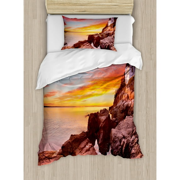 National Parks Home Decor Twin Size Duvet Cover Set, Lighthouse on the Harbor Sea Shore with Horizon Sky New England Design, Decorative 2 Piece Bedding Set with 1 Pillow Sham, Multi, by Ambesonne