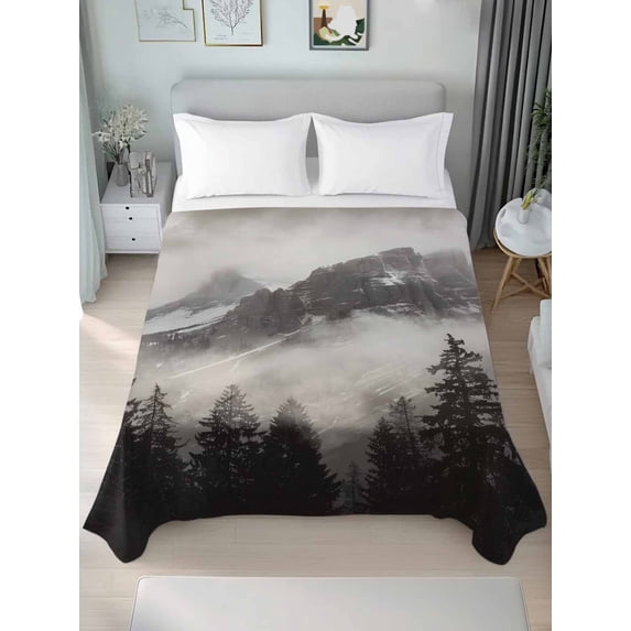 National Parks King Size Flat Sheet, Wrinkleproof & Fadeproof Cooling Flat Bed Sheet Only, Canadian Smokey Mountain Cliff Idyllic Breathable Soft Bedding Top Sheets 105 x 98 Inches