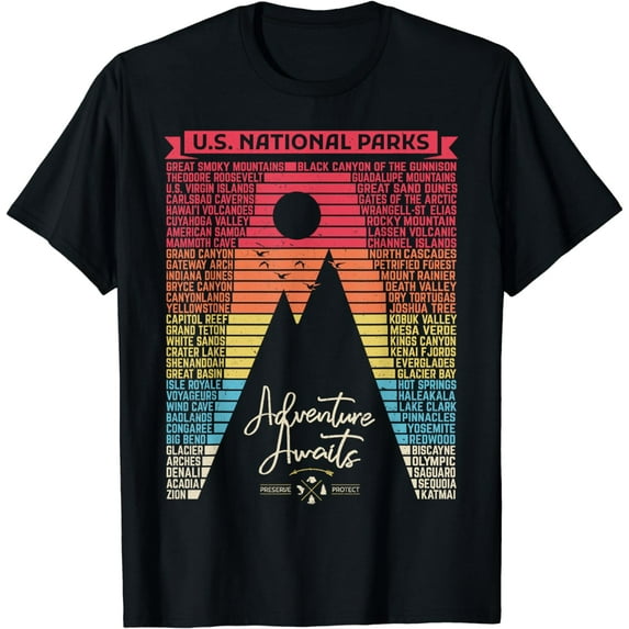 National Parks List US Park Vintage Camping Hiking Men Women T-Shirt