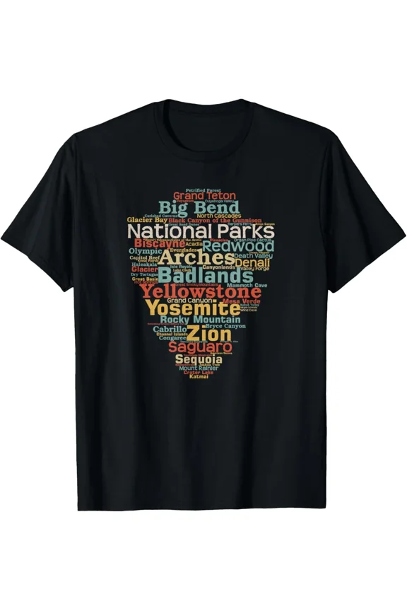 National Parks List US Word Cloud Art Camping Hiking T-Shirt Gift for Dad, Mom,