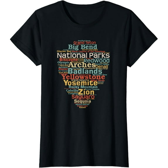 National Parks List Word Cloud Camping Hiking Short Sleeve T-Shirt