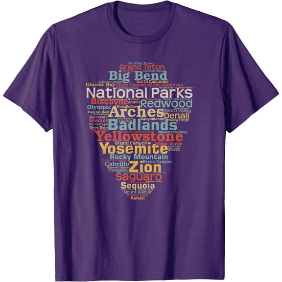 National Parks List Word Cloud Shield Camping Hiking Unisex T-Shirt for Men Women Kids Toddler,Purple Color,Size M