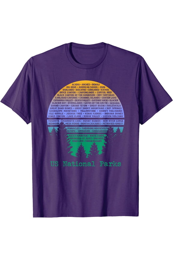National Parks List Word Cloud Sunset Trees Unisex T-Shirt for Men Women Kids Toddler,Royal Blue Color,Size YL