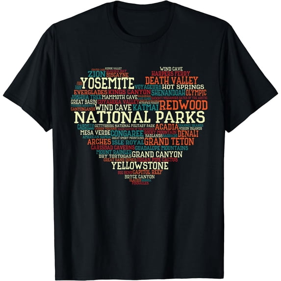 National Parks List Word Cloud heart Camping Men Women Kids T-Shirt Black Large