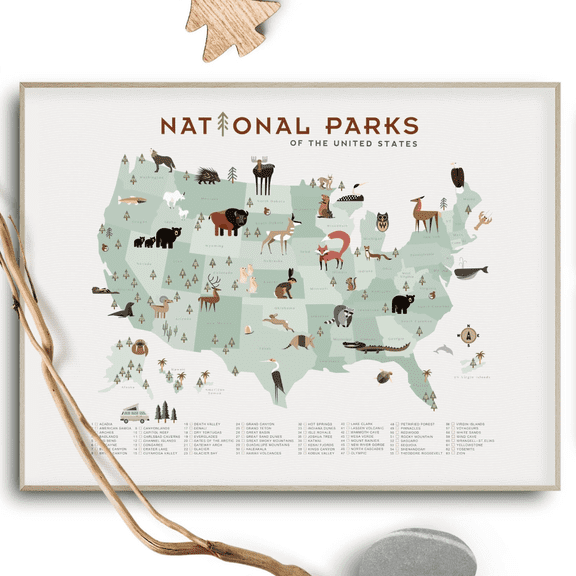 National Parks Mint Green Map Poster, Poster Only