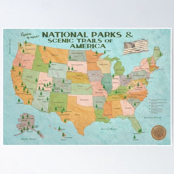 National Parks Of America Vintage Map Poster, UNFRAMED PAPER POSTER, Home Decor, Vintage Gift, Living Room Dercor