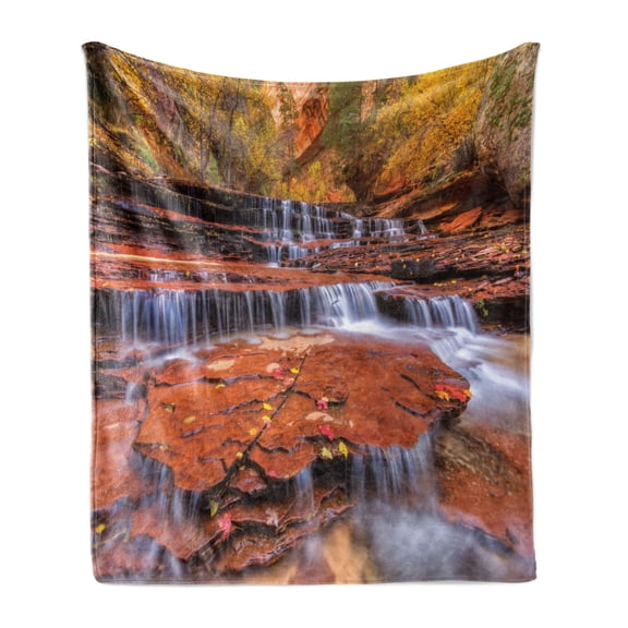 National Parks Soft Flannel Fleece Blanket, Wide Angle Shot of the Waterfalls Stream West Canyon Falls in the Autumn Season, Cozy Plush for Indoor and Outdoor Use, 50" x 60", Brown, by Ambesonne