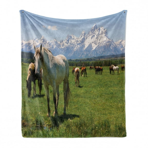 National Parks Soft Flannel Fleece Throw Blanket, Design Snowy Idyllic Mountain Peaks Horse Art Prints, Cozy Plush for Indoor and Outdoor Use, 50" x 60", Multicolor, by Ambesonne