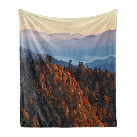 National Parks Soft Flannel Fleece Throw Blanket, Sunrise at the Mountains Pine Trees Covered on Hill Mist South Carolina, Cozy Plush for Indoor and Outdoor Use, 70" x 90", Multicolor, by Ambesonne