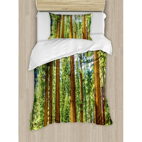 National Parks Twin Size Duvet Cover Set, Up View of Tree Branches in Scenic Springtime Conifers Sequoia Art Prints, Decorative 2 Piece Bedding Set with 1 Pillow Sham, Green Brown, by Ambesonne