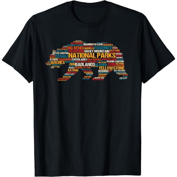 National Parks USA List Word Cloud Bear Camping & Hiking T-Shirt Black X-Large