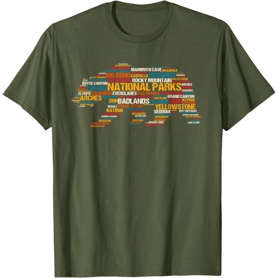 National Parks USA List Word Cloud Bear Camping & Hiking Unisex T-Shirt for Men Women Kids Toddler,Military Green Color,Size XL