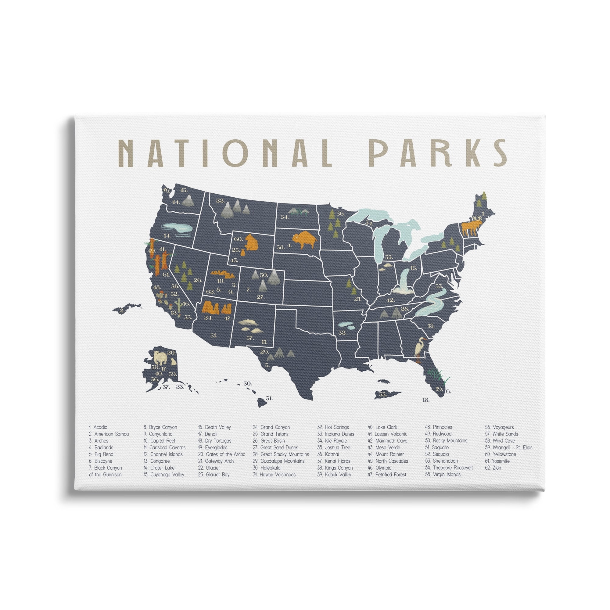 Gray and Blue National Parks Adventure Map Canvas Wall Art