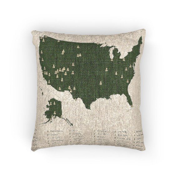 National Parks United States Map Beige and Forest Green Woven Pillow, Cotton-Polyester Shell, Travel Decor