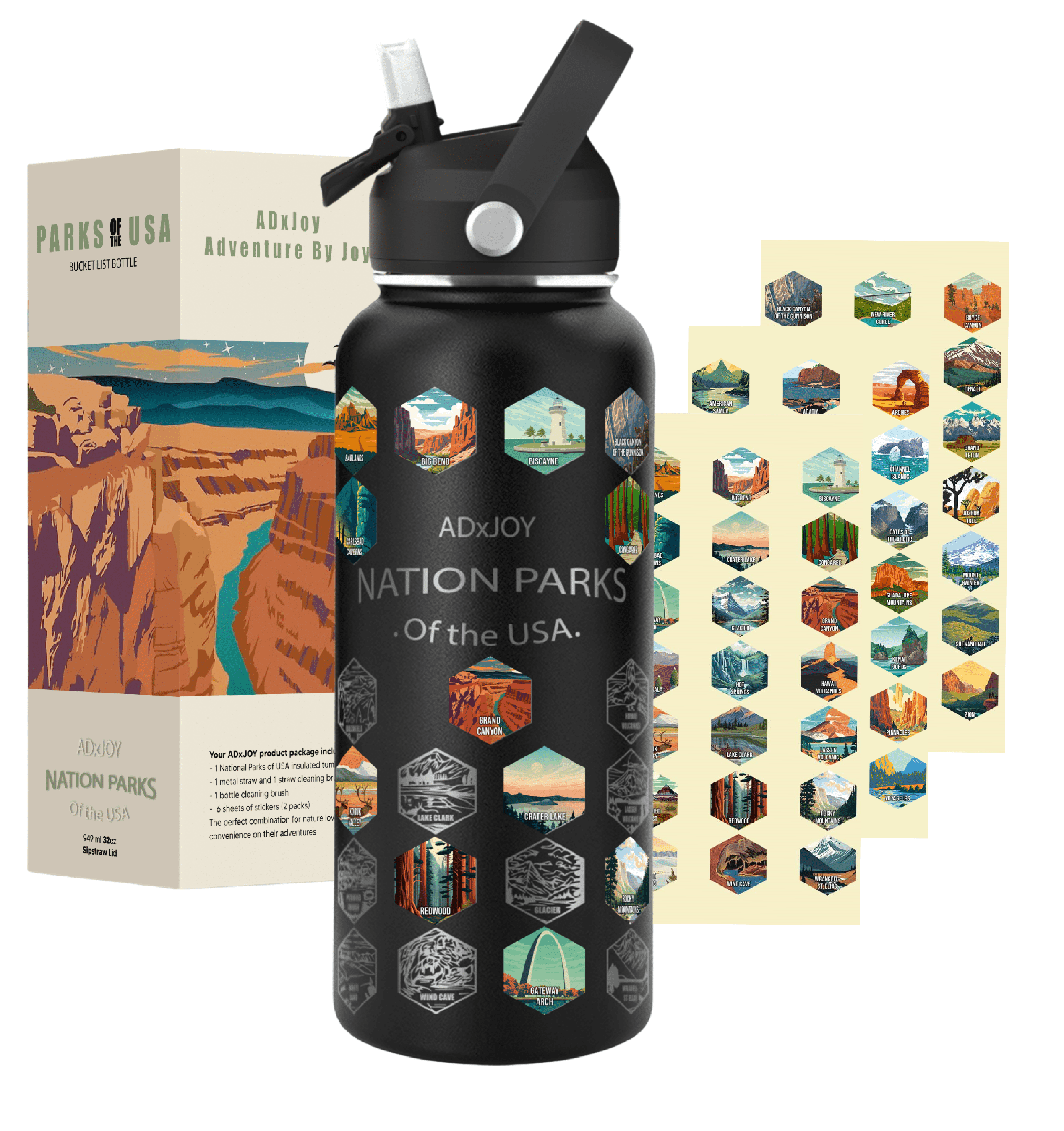 National Parks Water Bottle – 63 USA Park Stickers – 32oz Insulated Stainless Steel with Straw & Cleaning Kit – Bucket List Hiker Gift for Adventure Lovers (Black)