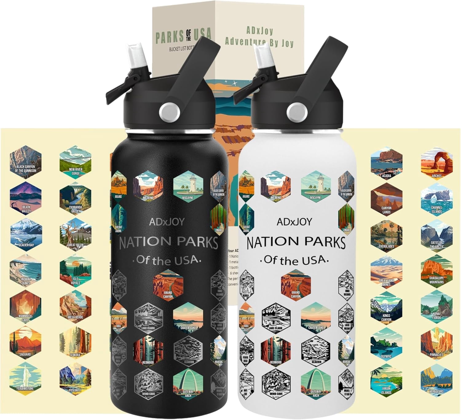 National Parks Water Bottle – 63 USA Park Stickers – 32oz Insulated Stainless Steel with Straw & Cleaning Kit – Bucket List Hiker Gift for Adventure Lovers (Combo 2 Black + White)