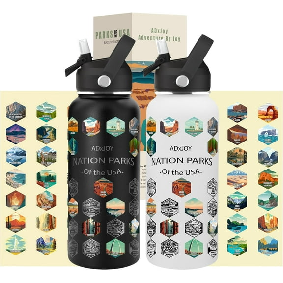 National Parks Water Bottle – 63 USA Park Stickers – 32oz Insulated Stainless Steel with Straw & Cleaning Kit – Bucket List Hiker Gift for Adventure Lovers (Combo 2 Black + White)