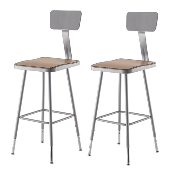 National Public Seating (2 Pack) NPS® 25"-33" Height Adjustable Heavy Duty Square Seat Steel Stool With Backrest, Grey