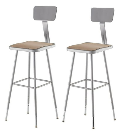 National Public Seating (2 Pack) NPS® 32"-39" Height Adjustable Heavy Duty Square Seat Steel Stool With Backrest, Grey