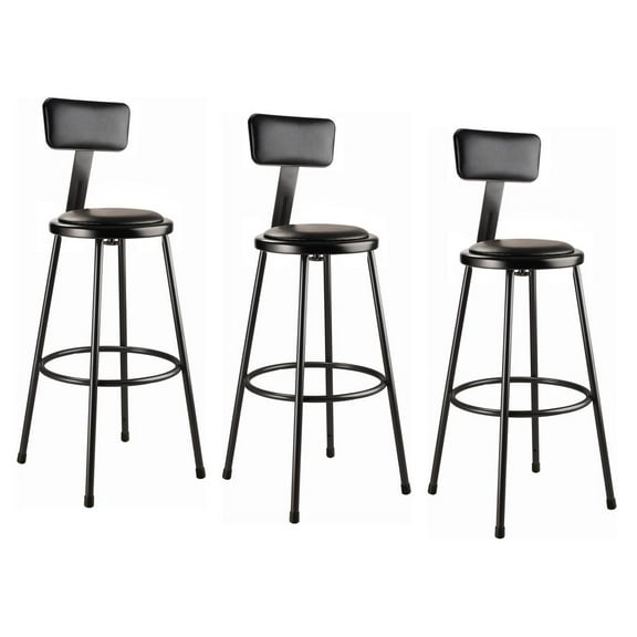 National Public Seating (3 Pack) NPS® 30" Heavy Duty Vinyl Padded Steel Stool With Backrest, Black