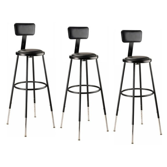 National Public Seating (3 Pack) NPS® 32 -39" Height Adjustable Heavy Duty Vinyl Padded Steel Stool With Backrest, Black
