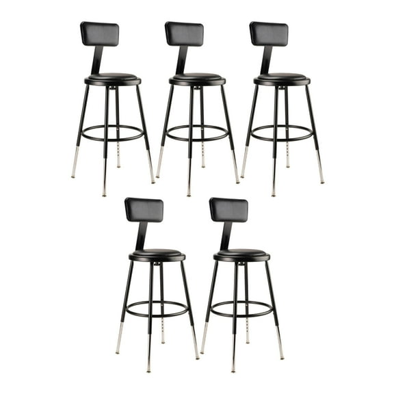 National Public Seating (5 Pack) NPS® 19"-27" Height Adjustable Heavy Duty Vinyl Padded Steel Stool With Backrest, Black