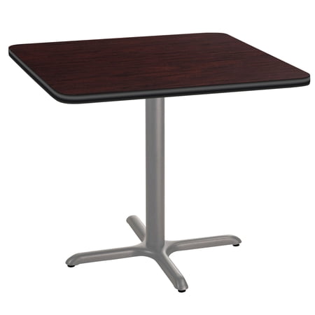 36" Square Cafe Table With X Base, 30" Height, Particleboard Core T-Mold, Mahogany Top, Grey Frame