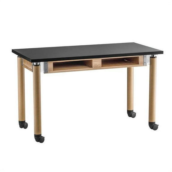 National Public Seating PSLT2448AH-OK-BC-C 24 x 48 in. Height Adjustable Science Lab Table with Book Compartments & Oak Caster Legs, Phenolic Top - Black